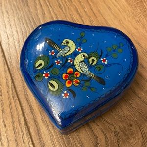 Vintage Hand Painted Birds Flowers Lacquered Wood Heart Box